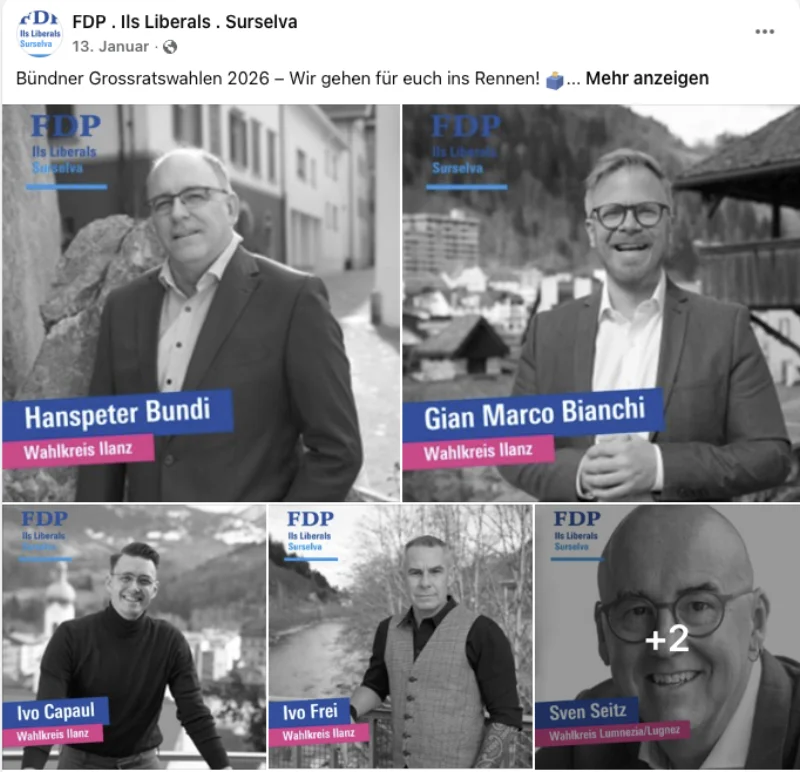 Bündner Grossratswahlen 2026 – Die FDP Ils Liberals Surselva präsentiert 6 Kandidaten für 3 Wahlkreise, darunter Gian Marco Bianchi für den Wahlkreis Ilanz.