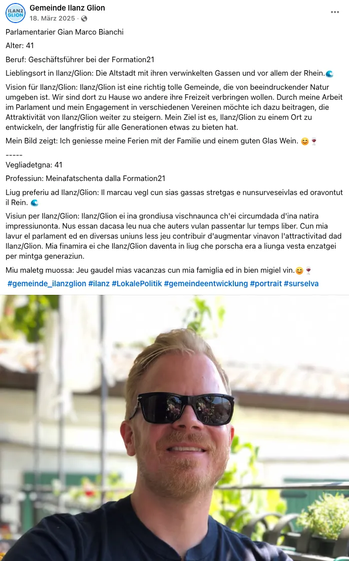 Die Gemeinde Ilanz/Glion stellt ihre Parlamentarier vor – Gian Marco Bianchi über seine Vision für die Gemeinde, sein Engagement in Vereinen und seine Arbeit als Geschäftsführer der Formation21.