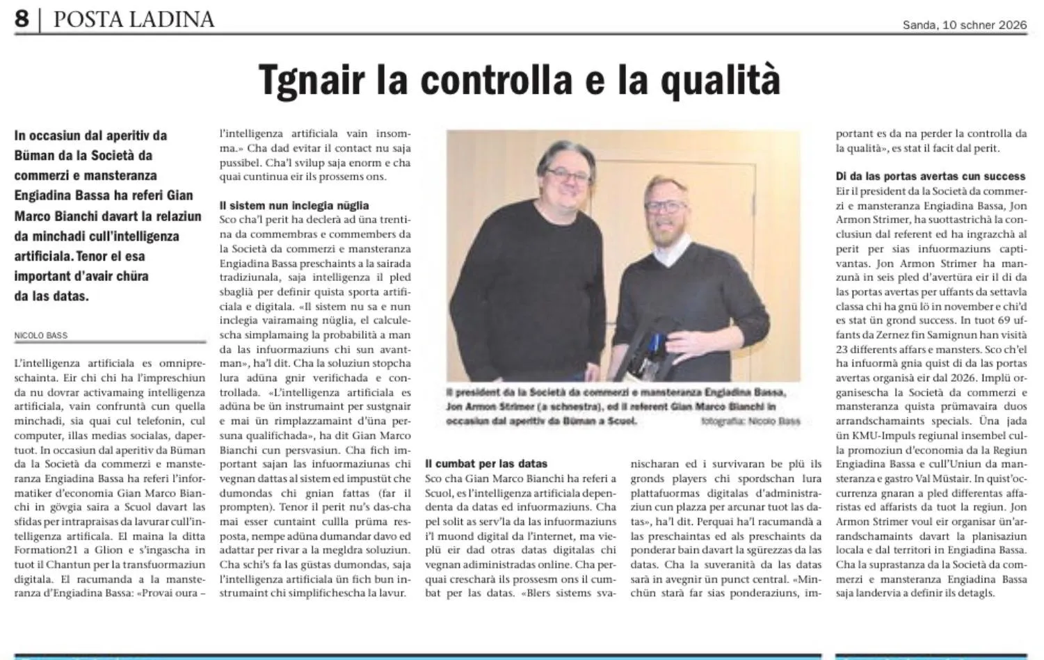 Gian Marco Bianchi referiert über Künstliche Intelligenz am Gewerbeverein Unterengadin in Scuol – Bericht in der Posta Ladina.