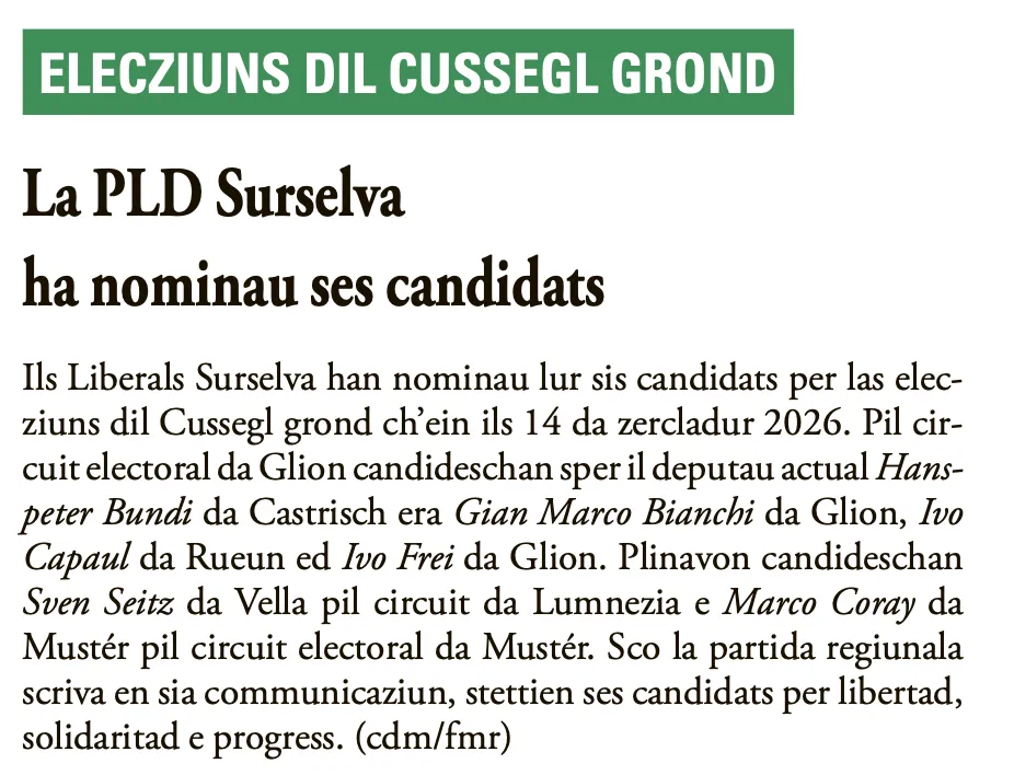 La Quotidiana berichtet über die Nomination von Gian Marco Bianchi als Grossratskandidat der FDP Surselva für den Wahlkreis Ilanz.